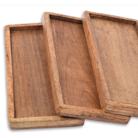 handmade Accents Set Of 3 New Antiqued Rectangle Carved Mango Wood Food Safe Tray Bohemian